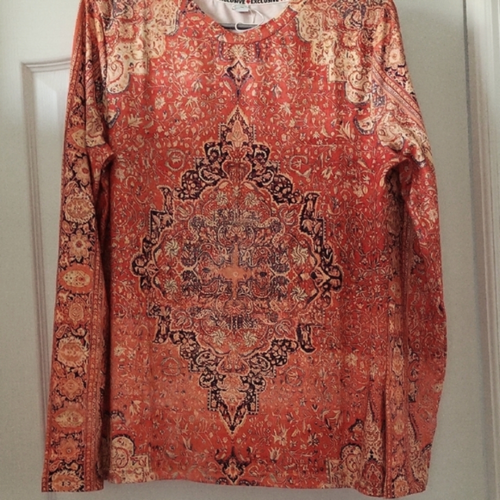 Boho Indie Patterned Black And Orange Long Sleeve Top NWT M